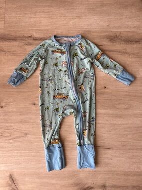 Cherokee Mint Green Palm & Car Print Footed One-Piece with Blue Trim